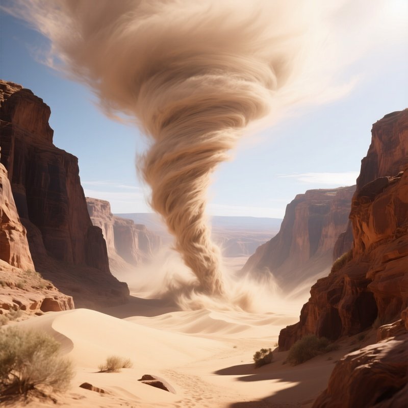 A Sand Tornado Crossing A Sunlit Canyon.