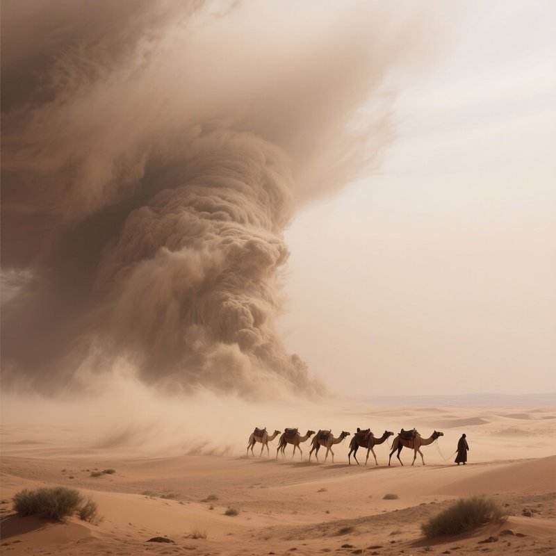 A Sandstorm Swallowing A Distant Caravan On The Horizon.