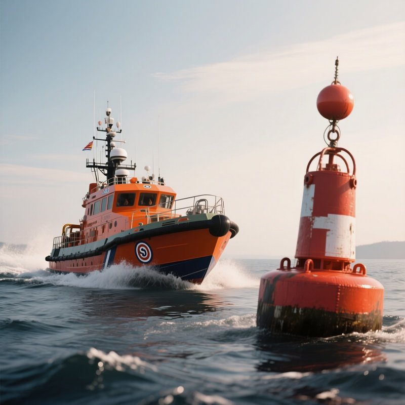 A Sar Boat Performing Maneuver Drills Near A Buoy
