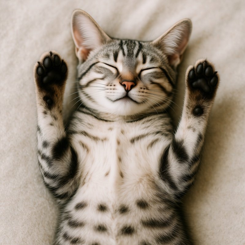 A Savannah Cat Laying On Back With Paws Up