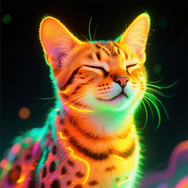 A Savannah Cat Purring With Eyes Half Closed In Digital Art