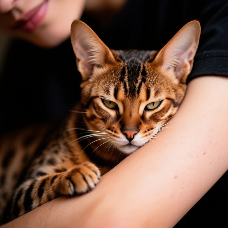 A Savannah Cat Rubbing Face On Human