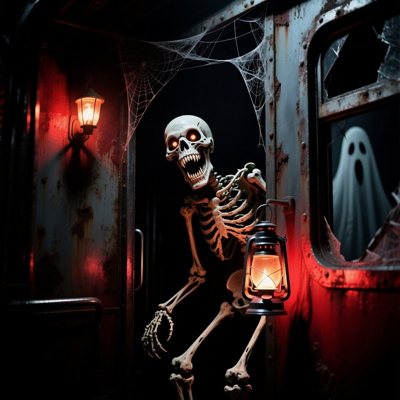 A Scary Animatronic Skeleton Popping Out Of A Dark Corner In A Ghost Train Ride