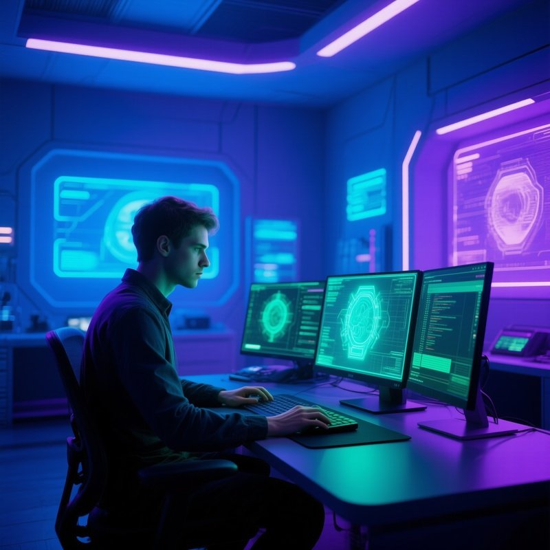 A Sci Fi Programmer Coding At Night