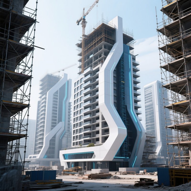 A Sci Fi Version Of A Partially Built Apartment Complex Surrounded By Scaffolding