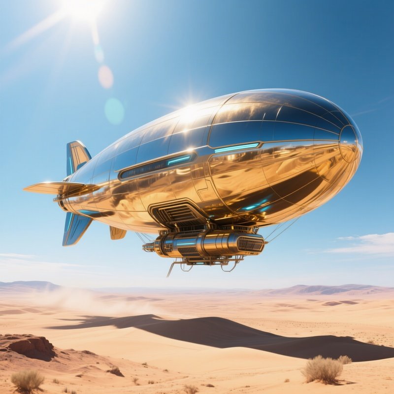 A Sci Fi Zeppelin Flying Low Over The Desert
