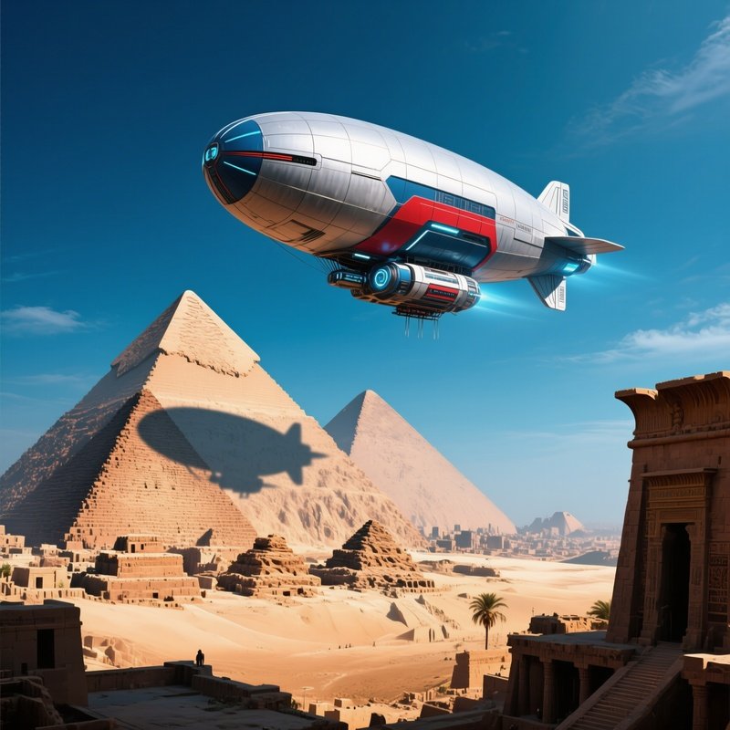 A Science Fiction Airship Over Luxor Shadow Roofs
