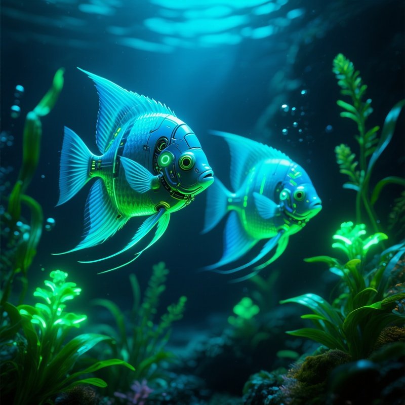 A Science Fiction Angelfish Gliding Through Tall Vallisneria