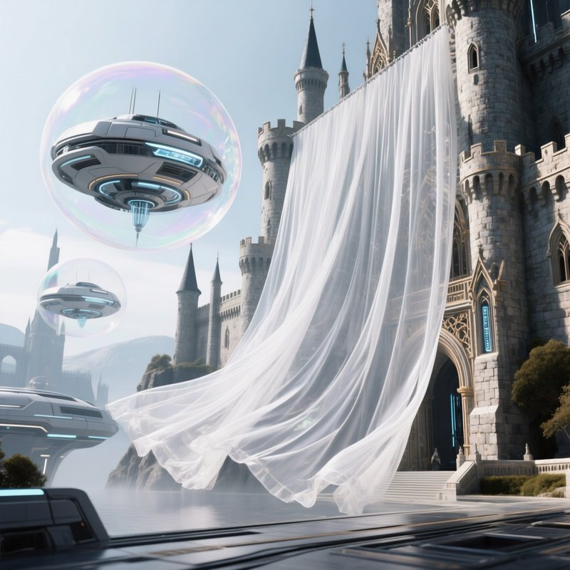 A Science Fiction Bubble Curtain Rising In Front Of A Castle Ornament