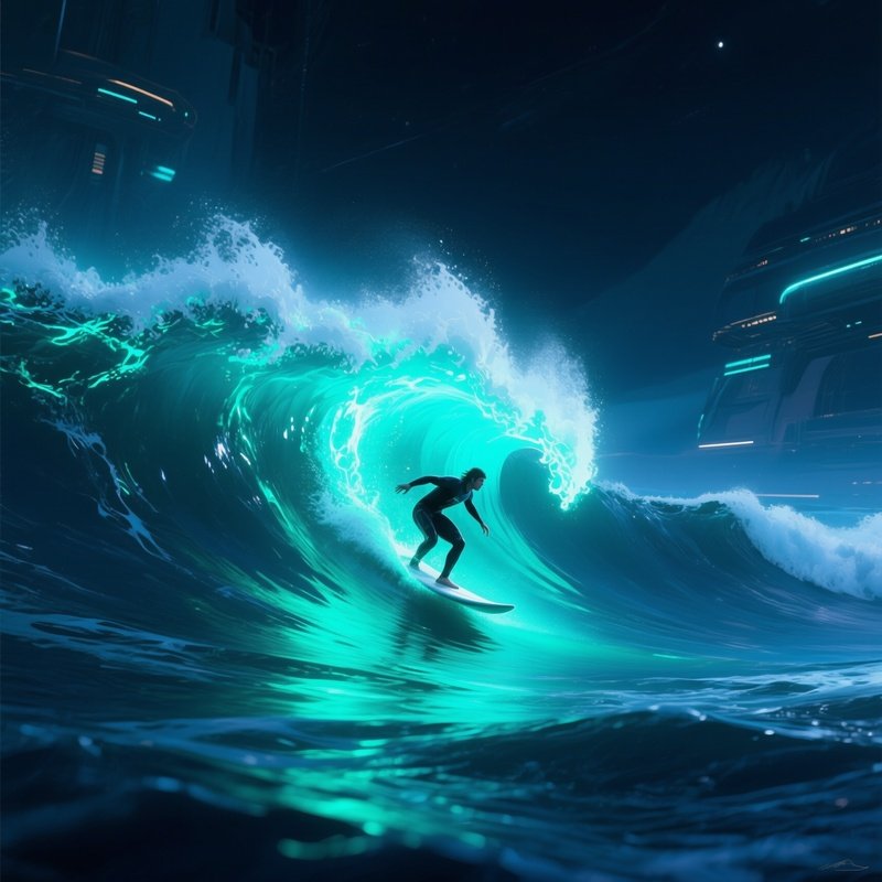 A Science Fiction Illustration Of A Surfing Scene On A Bioluminescent Ocean At Midnight