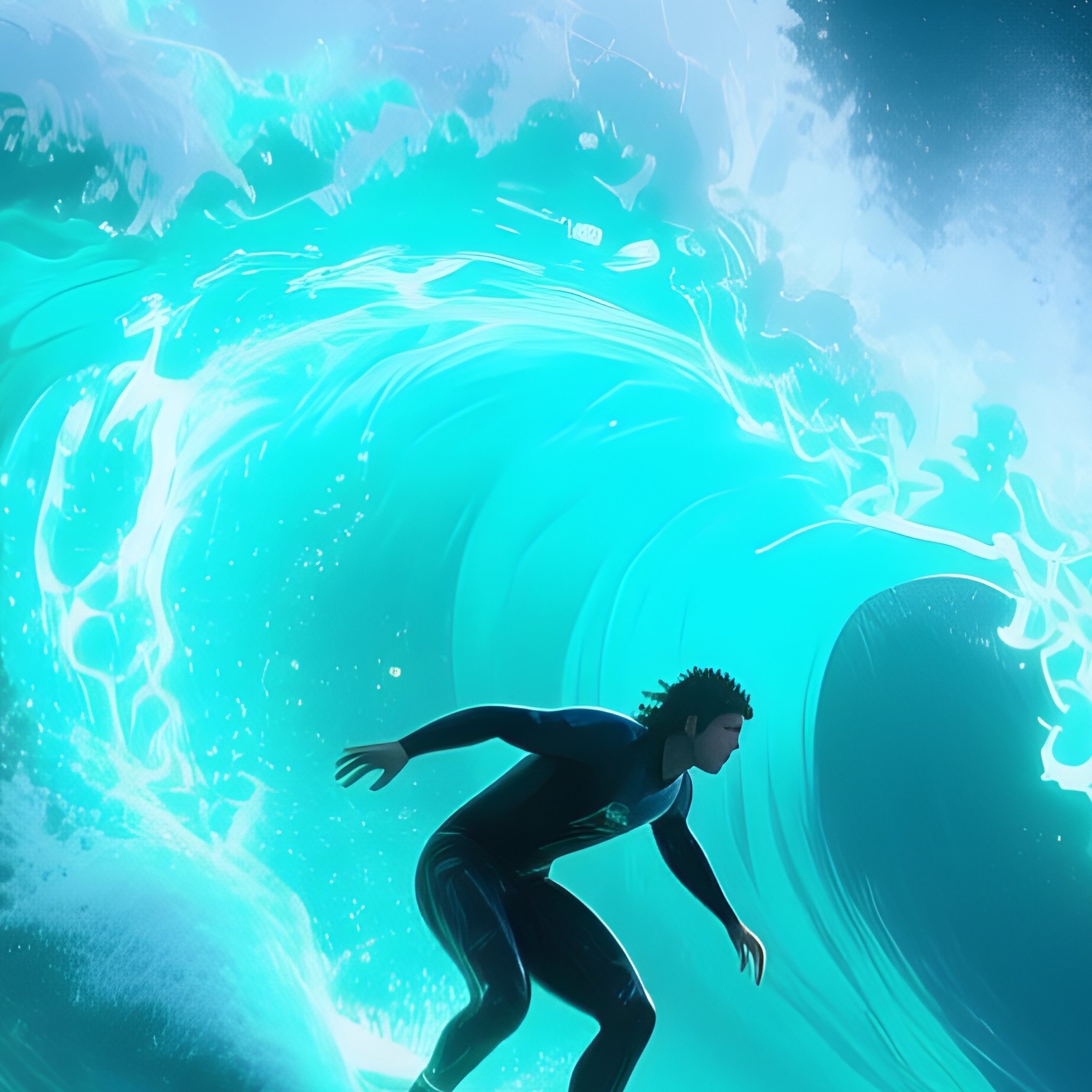 A Science Fiction Illustration Of A Surfing Scene On A Bioluminescent Ocean At Midnight - Full Resolution Quality Preview