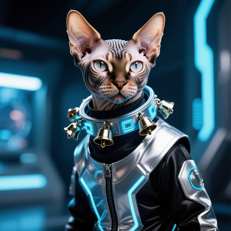 A Science Fiction Image Of A Manx Cat Wearing A Cute Costume Or Collar With Bell