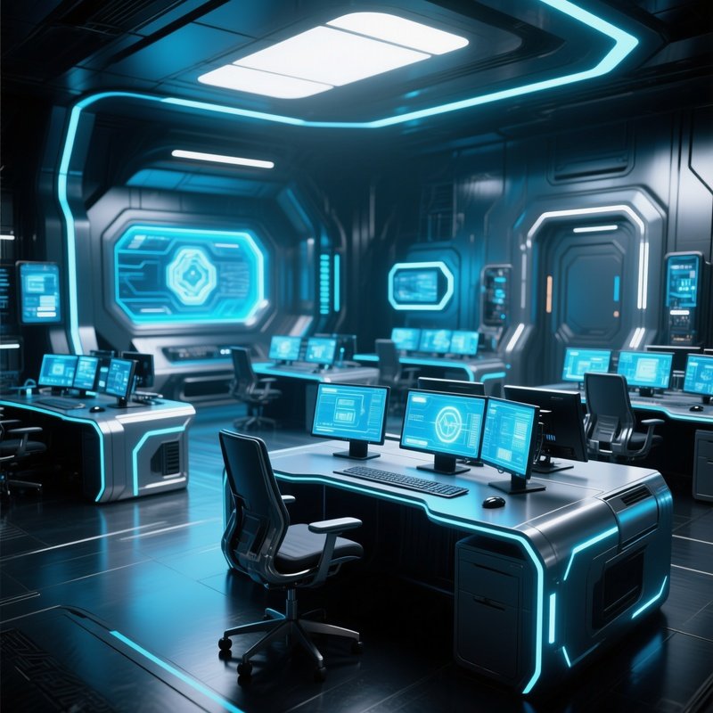 A Science Fiction Office With Computer Workstations