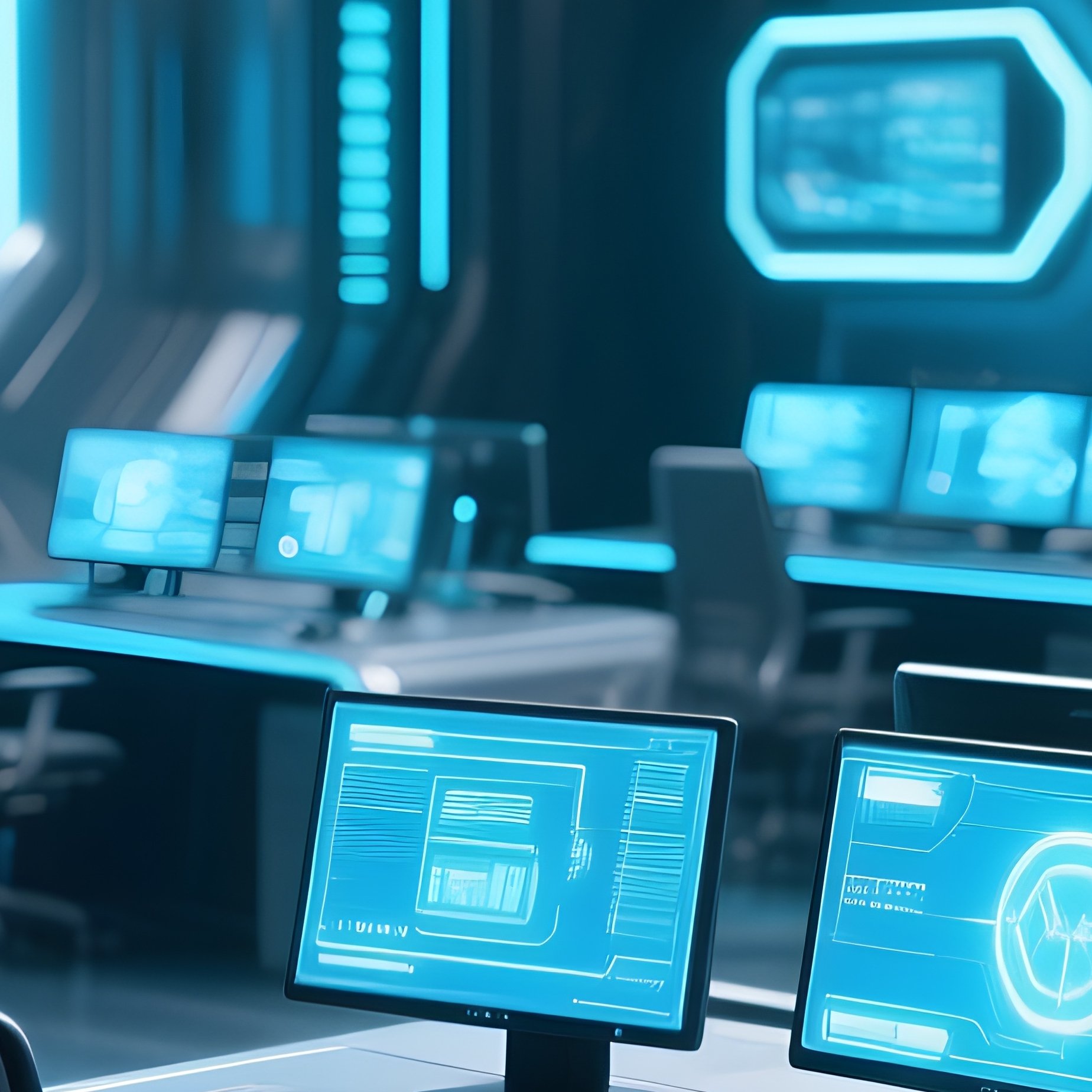 A Science Fiction Office With Computer Workstations - Full Resolution Quality Preview