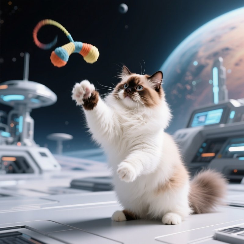 A Science Fiction Persian Cat Playing With A Toy In The Air