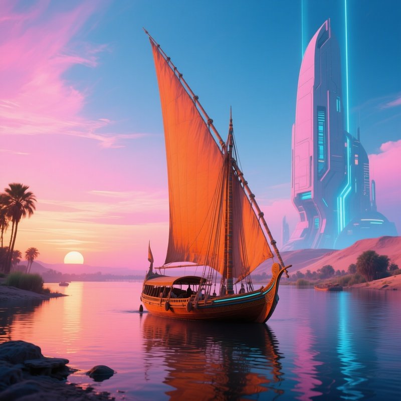 A Science Fiction Representation Of A Traditional Felucca Boating Down The Nile At Sunset