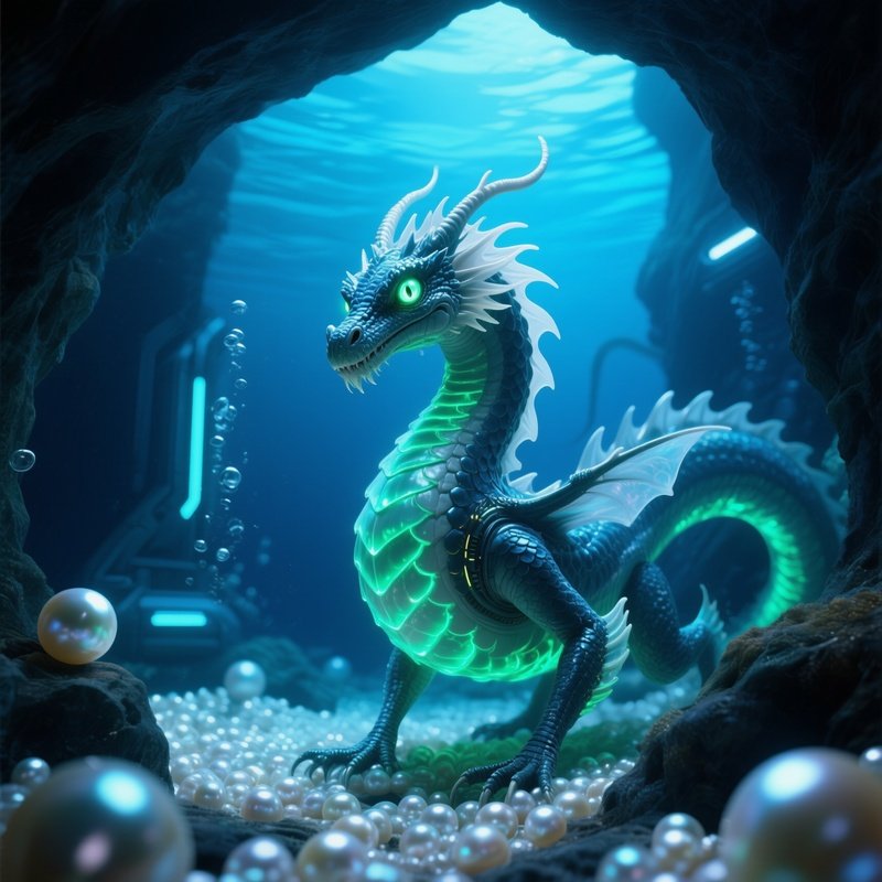 A Science Fiction Sea Dragon Guarding A Pearl Cave Underwater