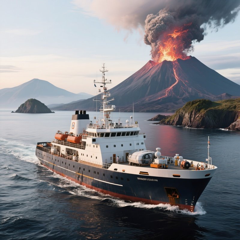 A Scientific Expedition Ship Cruising Near Volcanic Islands