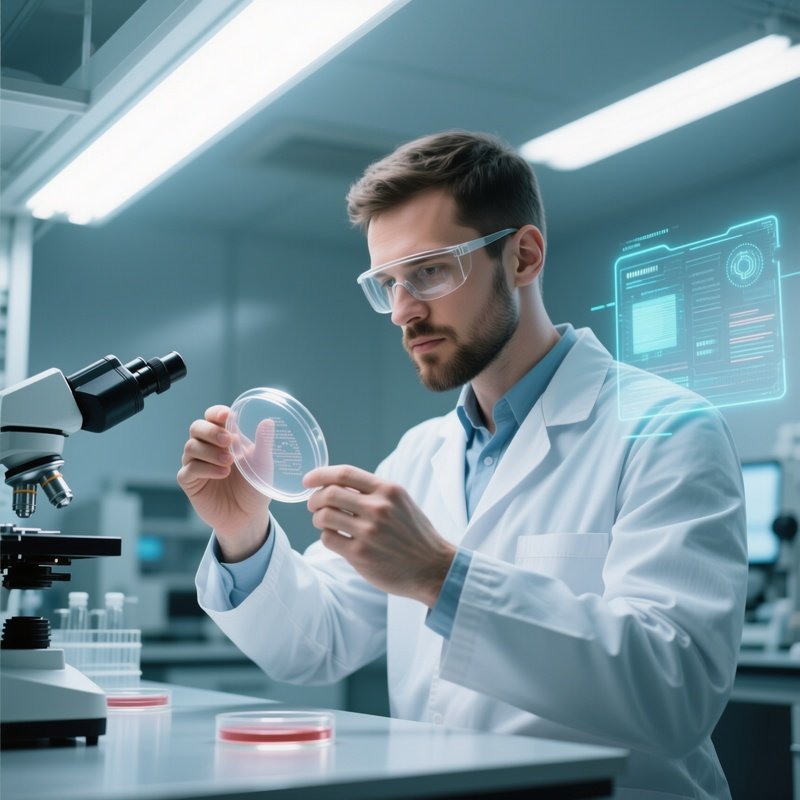 A Scientist In A Cleanroom Lab Examines A Petri Dish Under Bright White Leds, His Short Sterile