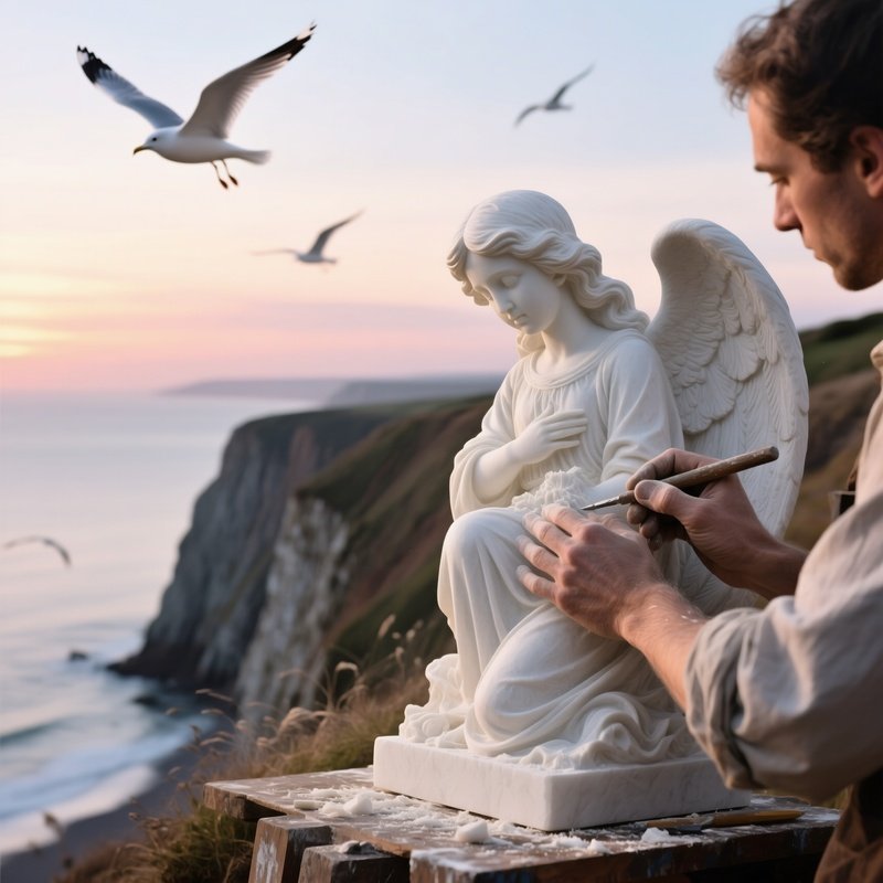 A Sculptor’S Hands Carving Delicate Details Into A White Limestone Angel On A Breezy Seaside Cliff,