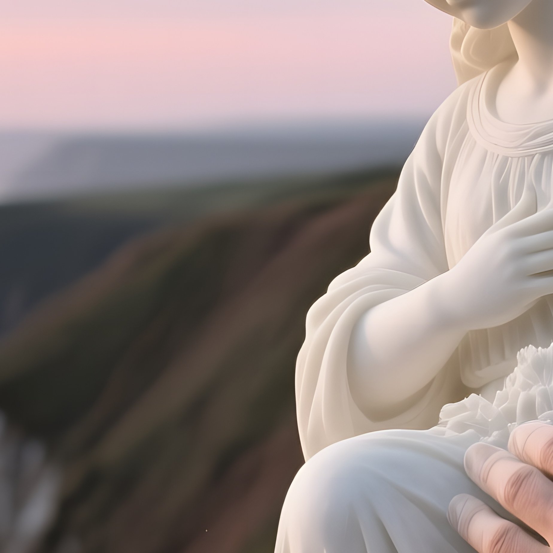 A Sculptor’S Hands Carving Delicate Details Into A White Limestone Angel On A Breezy Seaside Cliff, - Full Resolution Quality Preview