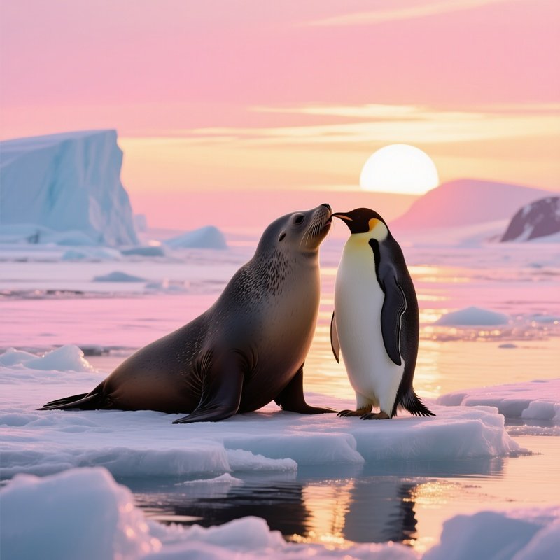A Sea Lion And A Penguin Share An Affectionate Kiss On An Icy Antarctic Shore, Sunrise Painting The
