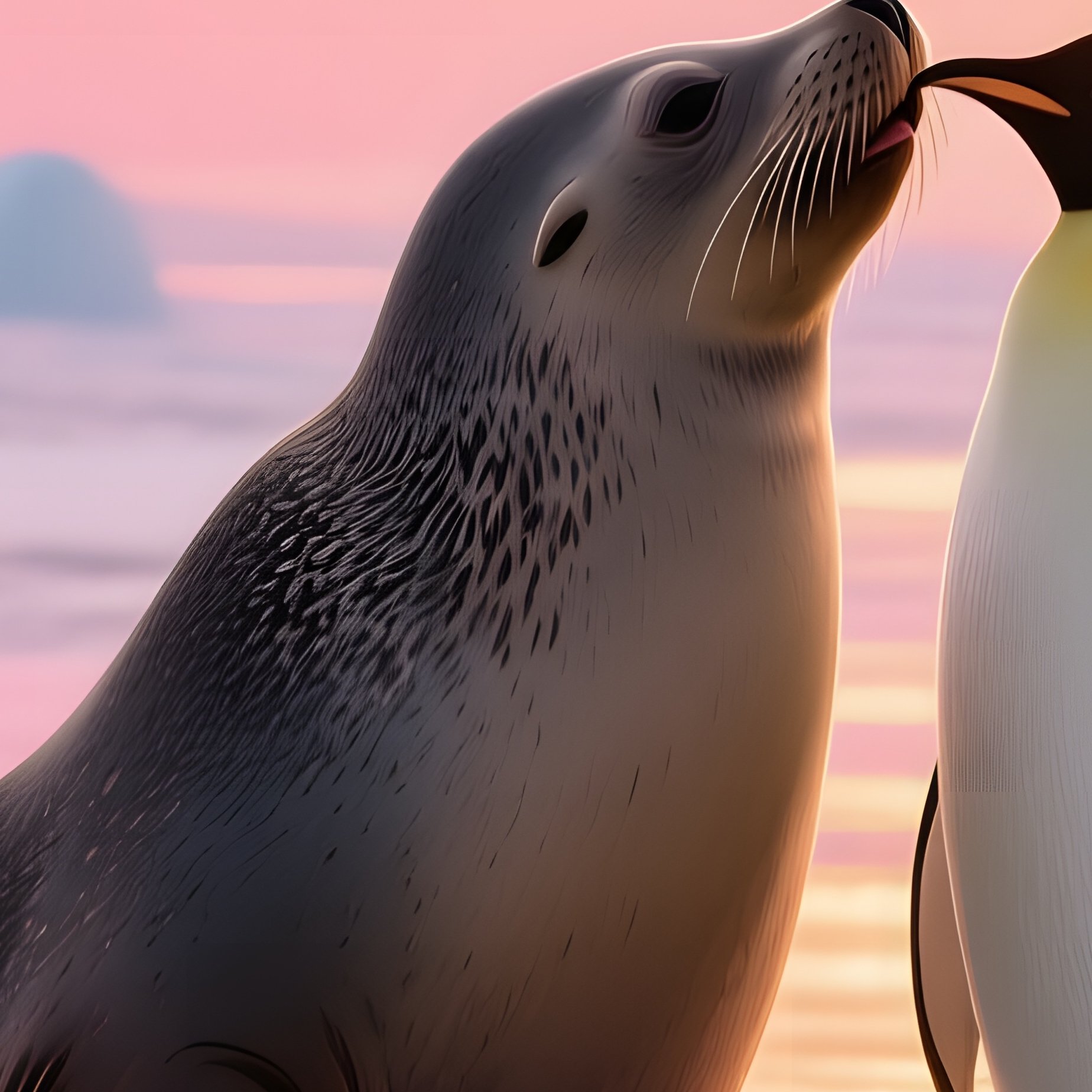 A Sea Lion And A Penguin Share An Affectionate Kiss On An Icy Antarctic Shore, Sunrise Painting The - Full Resolution Quality Preview