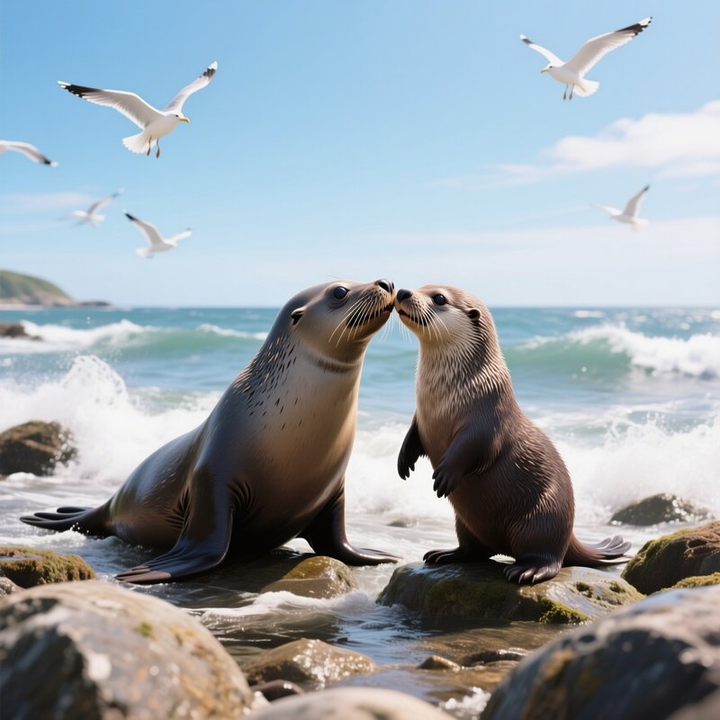 A Seal And An Otter Share A Playful Kiss On A Rocky Shoreline While Waves Crash Gently, Gulls