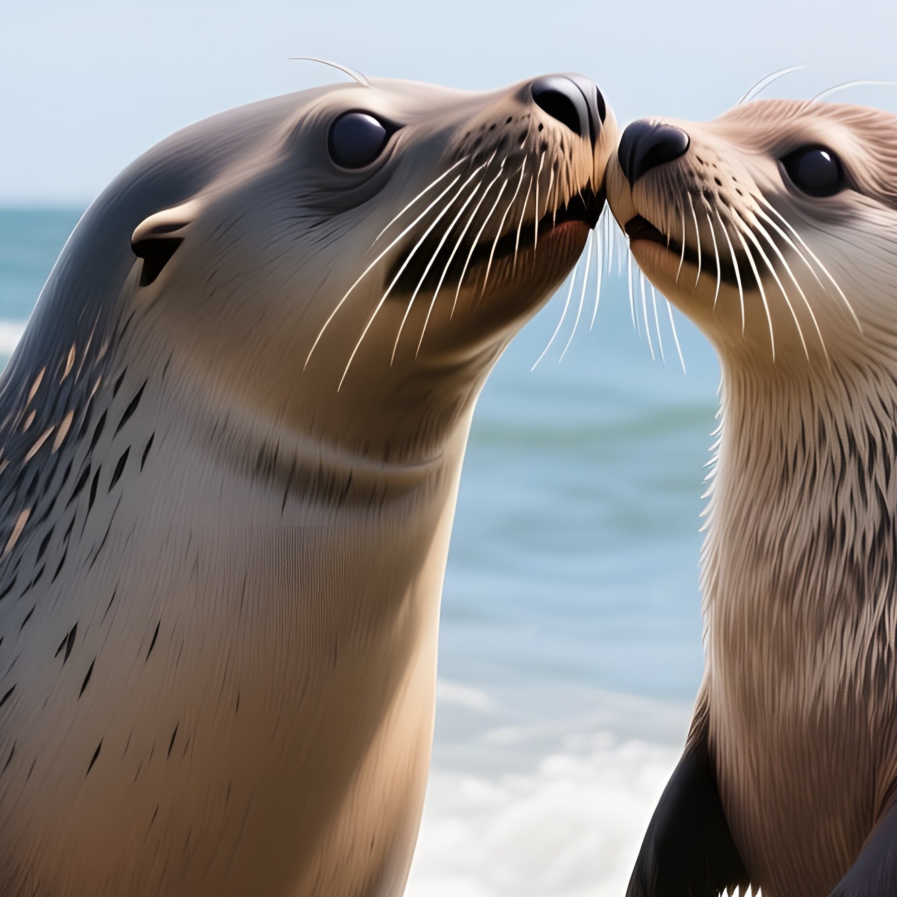 A Seal And An Otter Share A Playful Kiss On A Rocky Shoreline While Waves Crash Gently, Gulls - Full Resolution Quality Preview