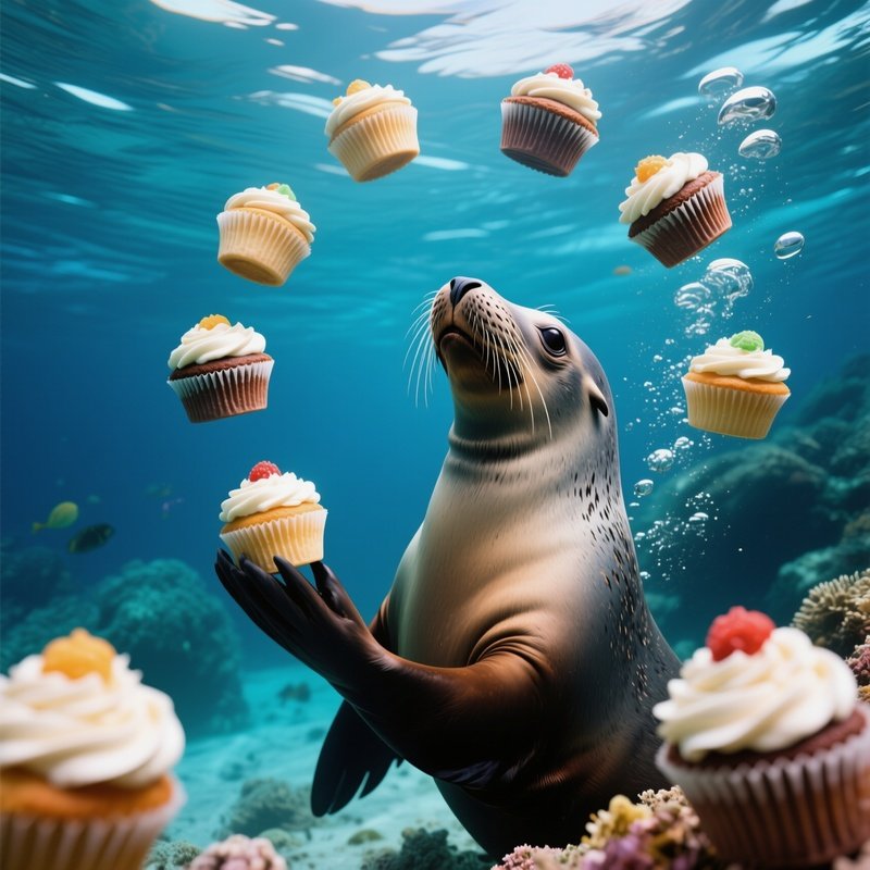 A Seal Juggling Cupcakes Underwater