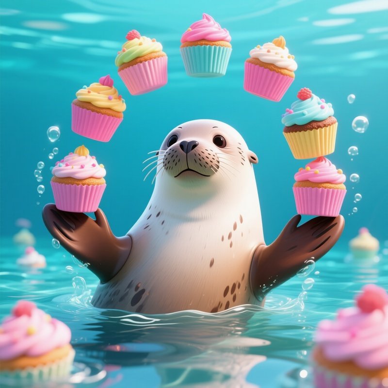A Seal Juggling Cupcakes Underwater