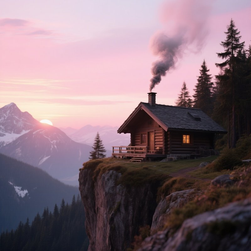 A Secluded Alpine Cabin Perched On A Cliff Edge, Smoke Curling From Chimney, Surrounded By Pine