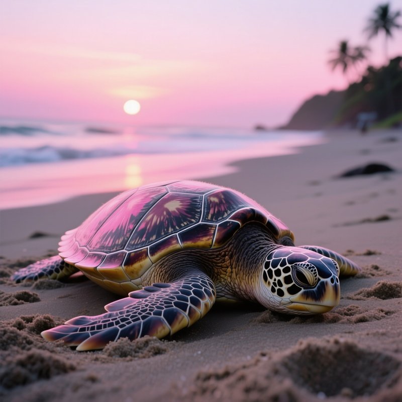 A Secluded Beach At Twilight, With A Large Woolen Sea Turtle Half‑Buried In Sand, Its Textured