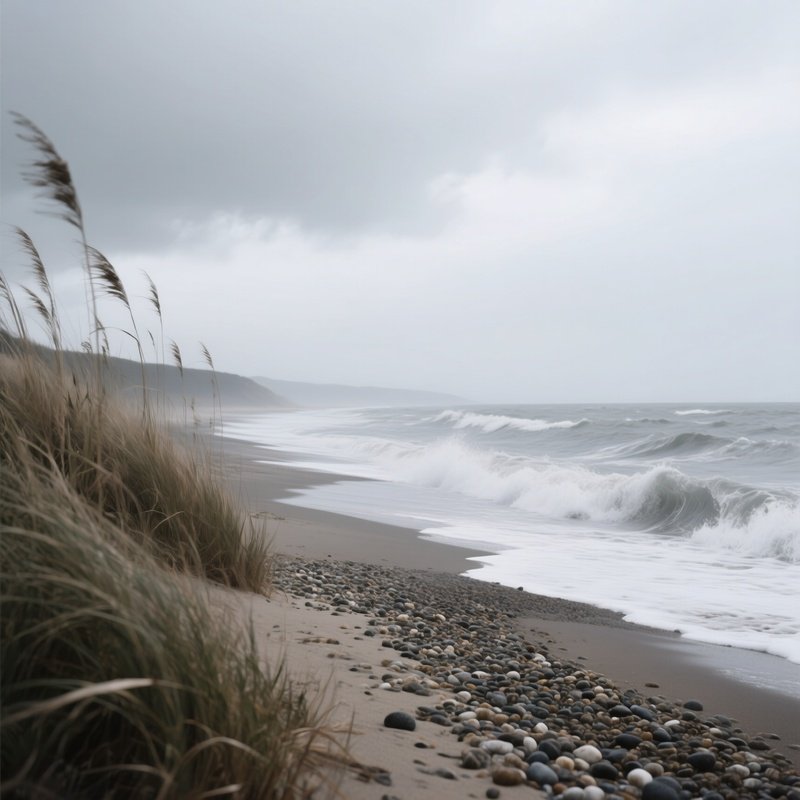 A Secluded Beach On A Cloudy Day, With Gray Waves Breaking On A Pebbly Shore, Tall Grasses Swaying