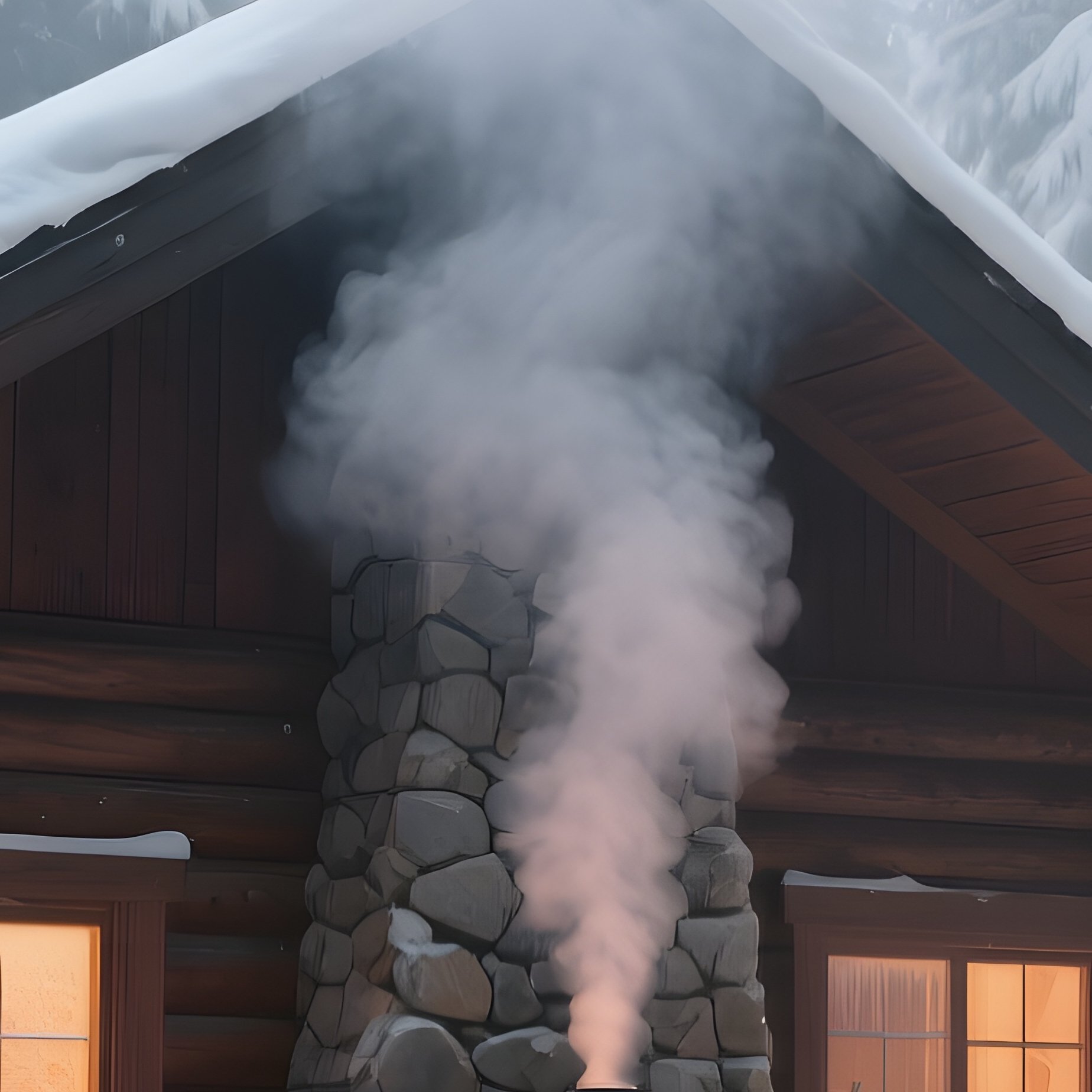 A Secluded Cabin Clearing In Deep Winter, Pine Trees Heavy With Snow, Smoke From A Stone Fireplace, - Full Resolution Quality Preview