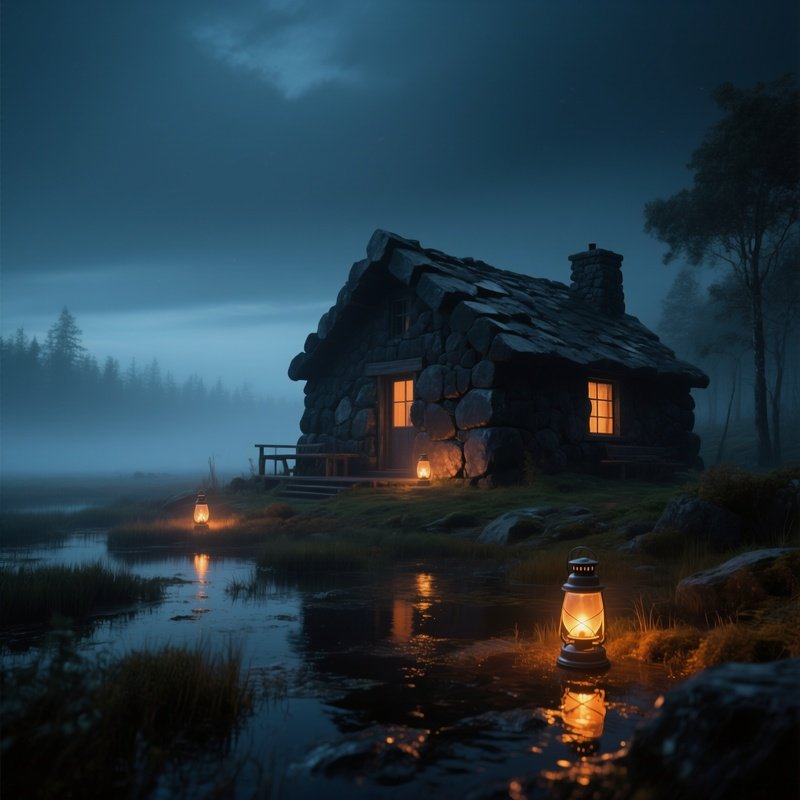 A Secluded Stone Cabin Built From Dark Basalt Sits At The Edge Of A Misty Bog, Lanterns Casting