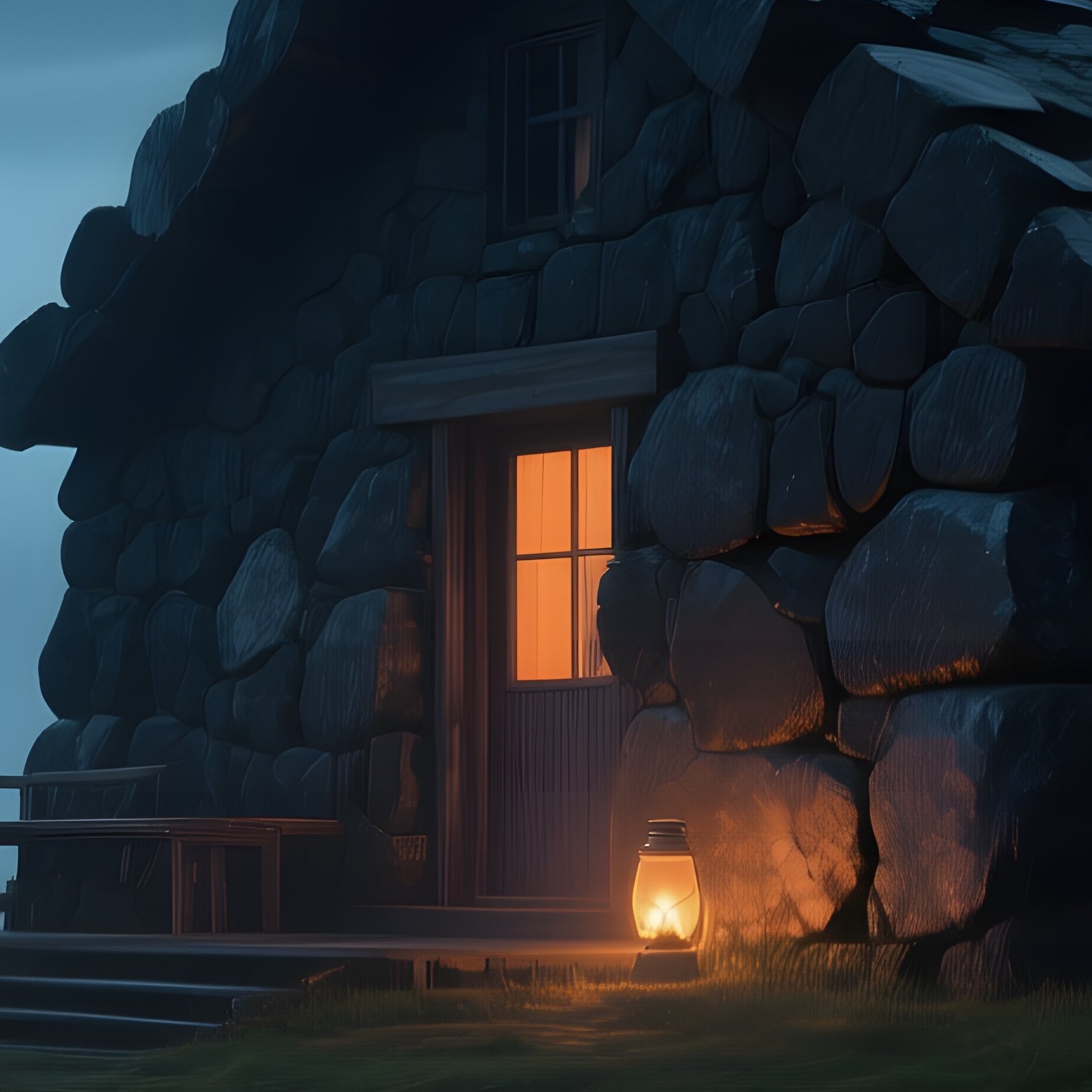 A Secluded Stone Cabin Built From Dark Basalt Sits At The Edge Of A Misty Bog, Lanterns Casting - Full Resolution Quality Preview