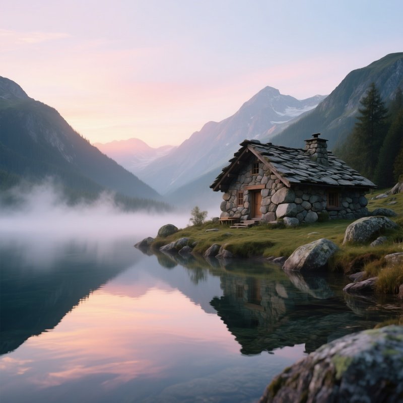 A Secluded Stone Cabin Constructed From Rugged Fieldstones Sits Beside A Crystal Clear Mountain