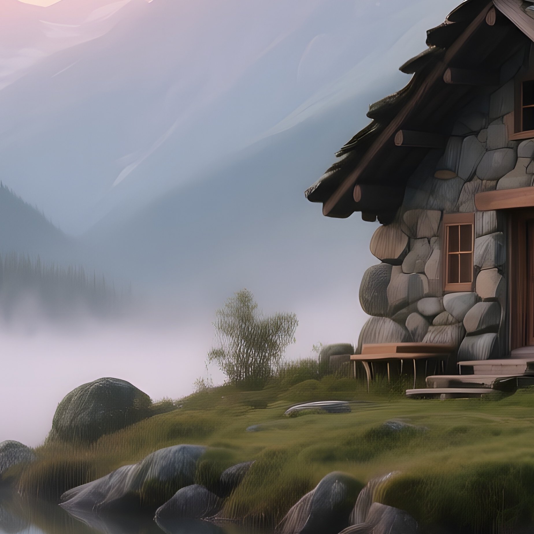 A Secluded Stone Cabin Constructed From Rugged Fieldstones Sits Beside A Crystal Clear Mountain - Full Resolution Quality Preview