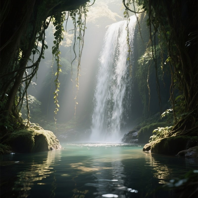 A Secluded Waterfall Hidden Behind A Veil Of Hanging Vines, Soft Dappled Sunlight Creating Patterns