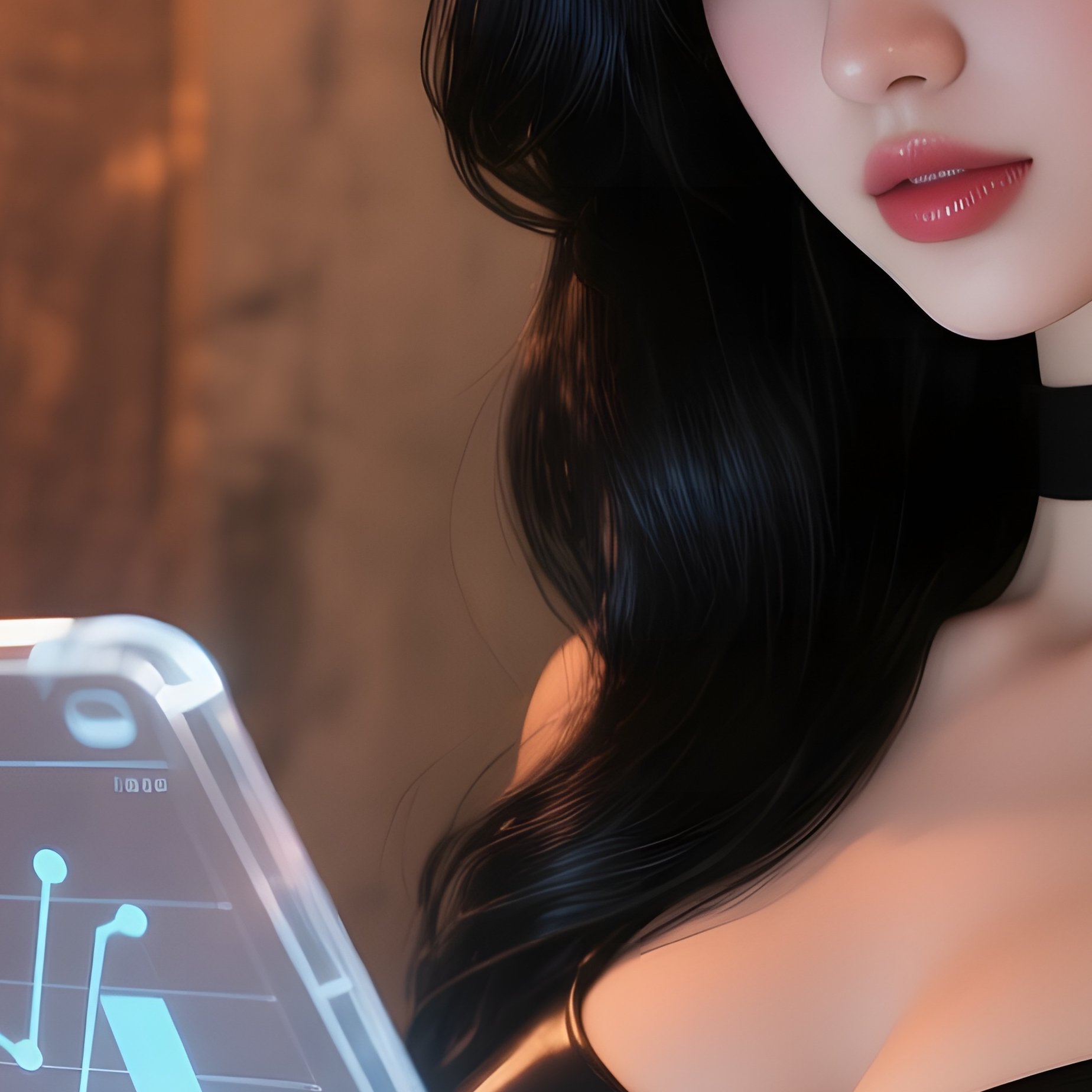 A Seductive Pop‑Up Girl With Glossy Black Hair Works On A Transparent Tablet Projecting Holographic - Full Resolution Quality Preview