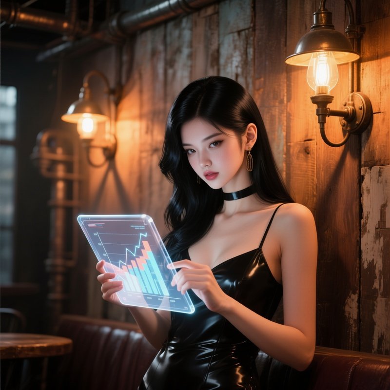A Seductive Pop‑Up Girl With Glossy Black Hair Works On A Transparent Tablet That Projects