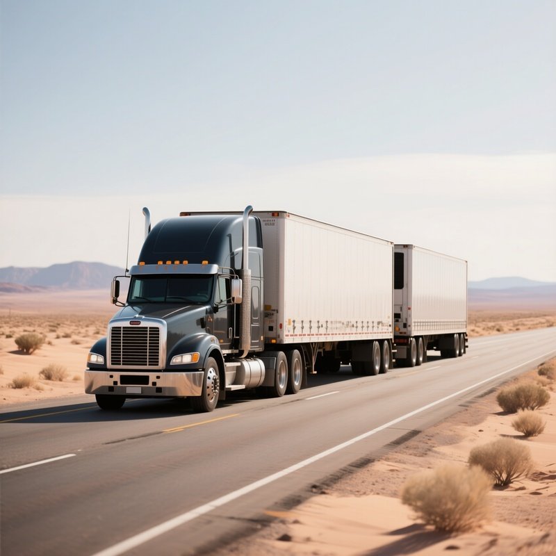 A Semi Truck Pulling Two Tandem Trailers On A Desert Highway