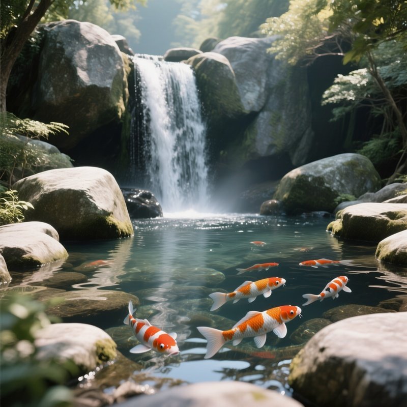 A Serene Afternoon With A Waterfall Flowing Into A Natural Stone Pool, Smooth River Rocks And Koi