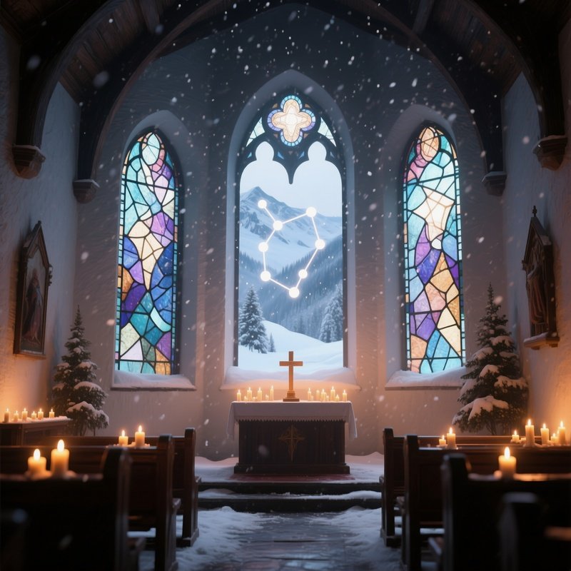 A Serene Alpine Chapel Interior Bathed In Candlelight, Stained Glass Windows Depict Abstract