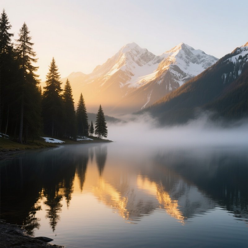 A Serene Alpine Lake At Sunrise, Mist Rising From The Water’S Surface As Golden Rays Reflect Off