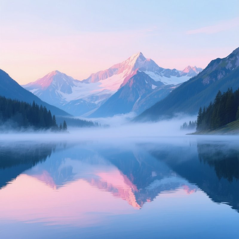 A Serene Alpine Lake At Sunrise, Mist Rising From Water, Surrounding Peaks Reflected, Watercolor