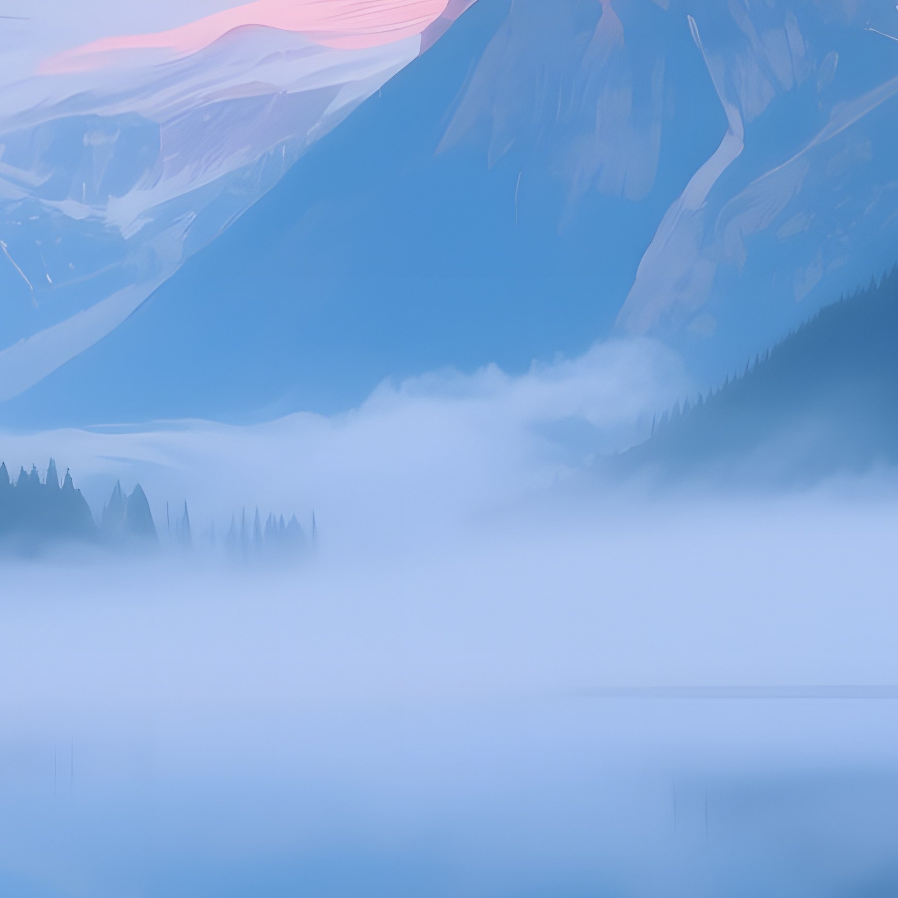 A Serene Alpine Lake At Sunrise, Mist Rising From Water, Surrounding Peaks Reflected, Watercolor - Full Resolution Quality Preview