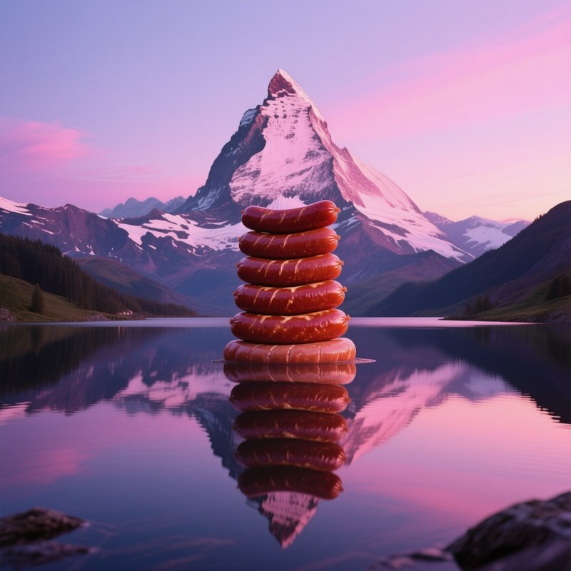 A Serene Alpine Lake At Twilight Reflecting A Towering Mountain Made Of Stacked Sausages, Each