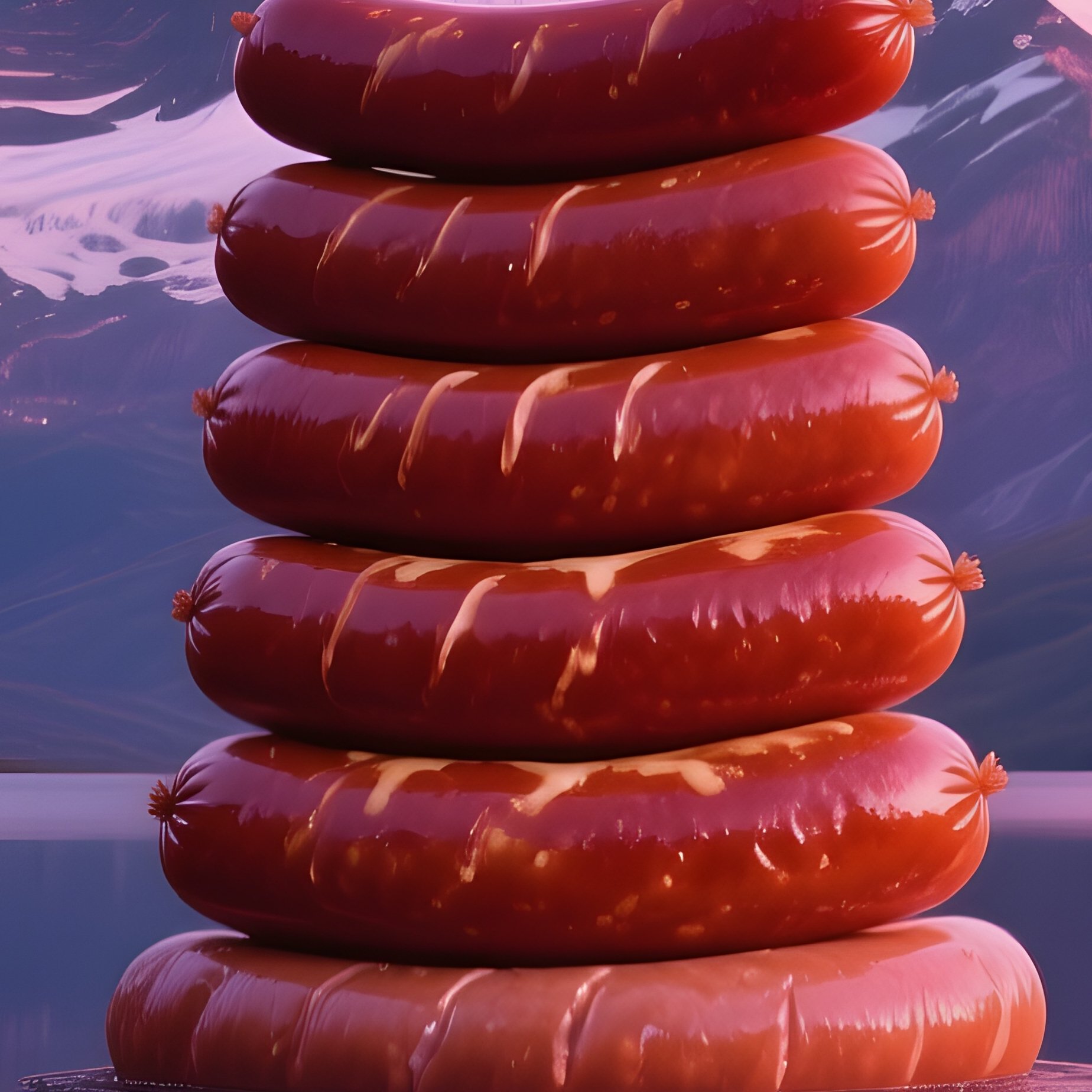 A Serene Alpine Lake At Twilight Reflecting A Towering Mountain Made Of Stacked Sausages, Each - Full Resolution Quality Preview